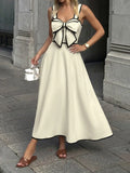Pbong  Summer Contrast Color Bow V Neck Sweet Temperament High Waist All Match Fashion Dresses
