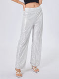 Pbong  Women Sequin Wide Leg Pants Stretchy High Waist Loose Straight Trousers Club Party Elegant Long Pants Streetwear