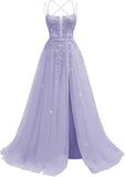 Pbong  Lace Applique Sparkly Tulle Prom Dresses for Women with Slit Spaghetti Straps Backless A Line Long Ball Gown