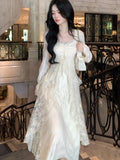 Women Elegant Solid Ruffles Fairy Dresses Korean Lace Patchwork Slim Waist A Line Dress Princess Party Vestidos Female Robe New