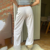 Women Summer Kawaii Y2K Eyelet Embroidery Wide Leg Pants Elastic High Waisted Palazzo Loungewear Pants Causal Loose Trousers