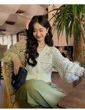 Long Sleeve Pointelle Knit Top Women Sweater Cardigan Sheer Button-up Sweater Jacket blusas para mujer Vacation Boho Outfit