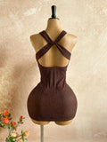 Pbong  Brown Textured Halter Mini Dress with V-Neck and Waist Chain Detail