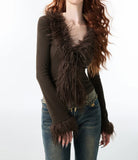 Korean Sexy Fashion Grunge Cardigan Y2k Aesthetic V-neck Jacket Women Harajuku Vintage Bandage Fur Patchwork Coat 2025 Autumn