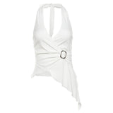 Sexy Deep V Halter Office Lady Casual Tank Top Cross Draped Slim Fit Y2k Aesthetic American Camis Streetwears Lrregular Tees
