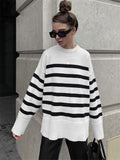 Women Stripe Knit Sweater Long Sleeve O Neck Knitted Pullover Tops Female Jumper Autumn Winter Streetwear White Casual Sweaters