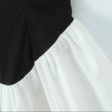 Pbong  Sexy Black Spliced White Sling Dress Women Drawstring Ribbon Bow Slash Collar Slim Low Waist Swing Mini Dresses Summer Robe