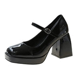 Pbong  Vintage Chunky High Heels Mary Jane Shoes for Women Patent Leather Platform Pumps Woman Square Toe Thick Heel Black Lolita Shoes