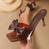 Pbong  Summer PVC Transparent Butterfly-knot Square Toe Slippers Women Fashion Thin Heels Party Slide Shoes