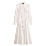 Simple Elegant Long Sleeve Women Dress Solid Color Button Fashion Spring Summer Dress Turn Down Collar A-line Casual White Dress