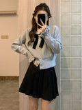 Elegant Women Knitted Cardigan Bow Cute Long Sleeve O-Neck Bright Silk Single Breasted Korean Style Sweater Party Autumn