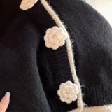 Retro Round Neck Black Sweater Women Clothing Autumn/Winter Korean Style Sweet Commuter Slim Short Knitted Cardigan Women Tops