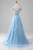 Pbong  High Quality  V-neck Backless Feathers Floor Length Blue Appliques Lace Belt Thin Suspenders Sleeveless Party Dresses