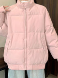 Preppy Style Sweet Pink Parkas Women Vintage Long Sleeve Winter Thick Warm Cotton Jacket Casual Stand Collar Loose Outwear