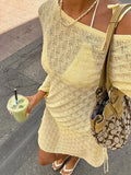 Butter Yellow Sexy One Shoulder Long Sleeve Drawstring Waist Knit Dresses For Women 2025 Autumn Beach Vacation Mini Dresses C105