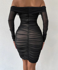 Shoulder Mesh Party Dress Women Clothing Sexy Club Backless Ruched Bodycon Dresses Long Sleeves Autumn Vestidos