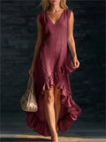 Pbong  Elegant Cotton Sleeveless Long Dresses For Women Summer Solid Color V-neck  Party Maxi Dress Casual
