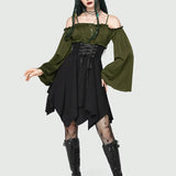 Women's Dresses Autumn Halloween Contrast Color Asymmetrical Hem Flounce Trim Lace Up Long Sleeve Off Shoulder Mini Dre
