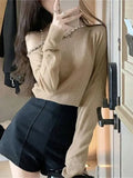 Pbong  Knitting Pullovers Women's Clothing Sexy Slash Neck Tunic Jumper Off Shoulder Diamond Sweater Y2k Tops Korean Chic