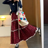 New Year's Christmas Vintage High Street Red Plaid Women Long Skirt Korean Style Fashion Sweet Y2k High Waist Ruffles Cake Skirt