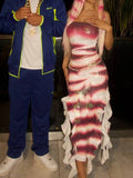 Pbong  Women Halloween Shark Tale Lola Costume Dress Y2k Anime Side Split Ruffle Hem Maxi Dress Fish Strapless Tube Cosplay Maxi Dress