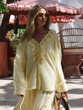 Elegant Casual Ruffles Lace-up Shirts Women Fashion Loose Long Sleeve V Neck Summer Blouse Lady Lightweight Holiday Tops 2025