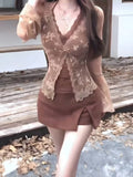 Pbong  Autumn Fashion Sweet Women Slim Fit Printing Cardigan + Lace Top + High Waist Skirt Korean Trend Elegant Chic Outfit