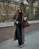 Women Elegant Shoulder Pad Wool Blend Overcoat Brown Lapel Single-breasted Long Sleeve Coat 2025 Autumn Lady Commuter Outerwear