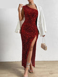 One Shoulder Maxi Long Dresses Women Sparkling Sequin Backless Sexy Evening Party Vestidos Slim Ruched Summer Dress
