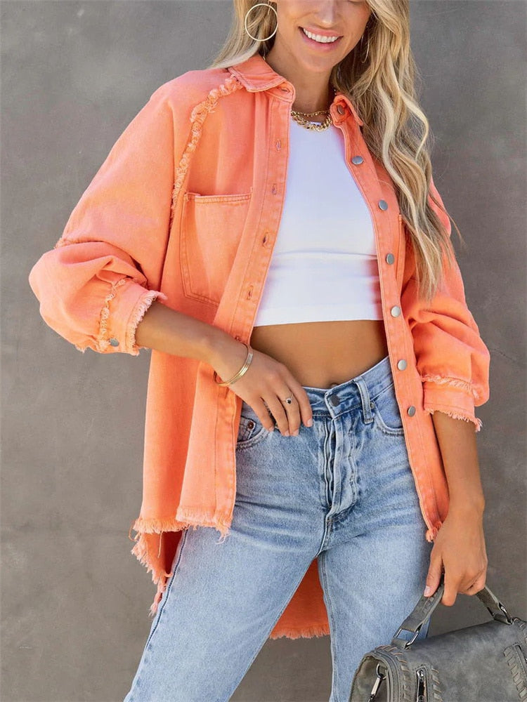 Girls Sweet Pink Loose Shirt Jacket Woman Casual Soft Button Denim Shirts Ladies Chic Solid Pocket Jackets