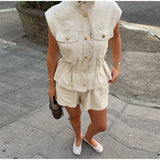 Pbong  Linen Blend Stand Collar Sleeveless Pocket Vest Cinched Waist Sleeveless Summer Women Outerwear Minimal Chic Lady Chaleco