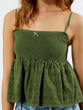 Women Spaghetti Strap Babydoll Tank Top Y2k Vintage Floral Smocked Backless Ruffled Hem Crop Top Going Out Cami Tops