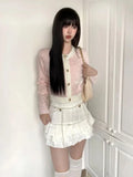 Korean Fashion Pink Cropped Cardigan Women Kpop Sweet Girl Knitted Sweater Bow Coquette Aesthetic Long Sleeve Tops New