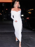 White Pleated Slim Maxi Dress Elegant For Women Patchwork Off-Shoulder Fashion High Waist Dress Ladies Solid Party Dress