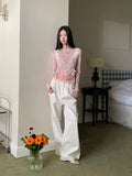 Designer Pink Long Sleeve T Shirt For Woman Fall 2025 Lace Print Funny Tees Cute Mesh Top Kawaii Clothes