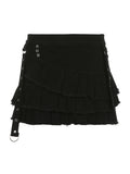 Punk Gothic Black Eyelet Ribbon Denim Skirt Women Low Waist Asymmetrical Tiered Pleated Short Jean Skirts Y2K