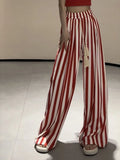 Pbong  Casual Striped Wide Leg Pants Women High Waist Elegant Korean Straight Trousers Vintage Lace Up Female Spring Loose Pants