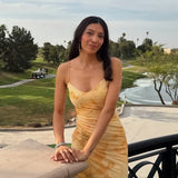 Flower Print Yellow Fashion Long Dress 2025 New Sleeveless V-neck Tulle Slim Sexy Party Dress Vacation Beach Woman Clothing