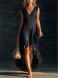 Pbong  Elegant Cotton Sleeveless Long Dresses For Women Summer Solid Color V-neck  Party Maxi Dress Casual