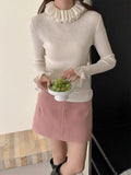 Pbong  Fashion Vintage Design Pullovers Solid Color Flare Sleeve Ruffles Female Slim Thin Sweaters All Match Knit Tops Women's Clothing