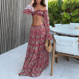 Pbong  Sexy Casual Floral Print Shoulder Bared Short Top Long Skirt Set Women's Cross-Border Clothing Polyester Fiber Floor-Length