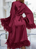 Pbong  Women Satin Robe Sleepwear Solid Color Casual Feather Trim Long Sleeve Pajama Dress Ladies Loungewear Nightwear Bathrobe