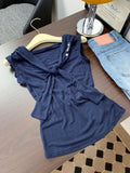 Pbong  2000s Harajuku Vintage Slim Sleeveless T Shirt Y2k Summer American Sailor Collar Sweet Tees Women Japan Style Fake 2 Piece Tops