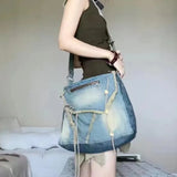 Denim Crossbody Bag Women Y2k Grunge Vintage Aesthetic Tassel Casual Messenger Bag Female Harajuku Retro Solid Handbag