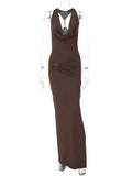 Deep V Neck Ruched Split Sexy Maxi Dress Women Elegant Metal Ring Sleeveless Backless High Waist Long Dress