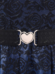 Plus Size Vintage Floral Lace Jacquard Buckled Straps Dress With Belt Deep Blue Fashion Party Holiday Dresses Vestidos