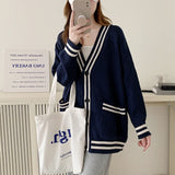 Women Cardigan Sweater Varsity Striped Front Pocket Long Sleeve Button-up Knit Sweater Jacket College Student Girl Preppy Style