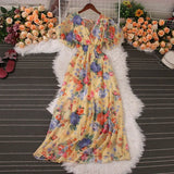 Pbong  Romantic Floral Print Chiffon Maxi Dress Women Sexy V-neck Backless Beach Vestidos Elegant Elastic Waist Party Dress