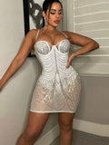 Sparkle Black Rhinestone Fringe Bodysuit Mini Dresses Women Summer Glam Mesh Sequins Short Party Dress Birthday Outfits