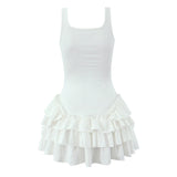Pbong  Sexy Bow U collar Knitting cotton Tank Dress Women Low Waist Cascade Ruffles Wood ears Hem Short Dresses Femme Mini Robe